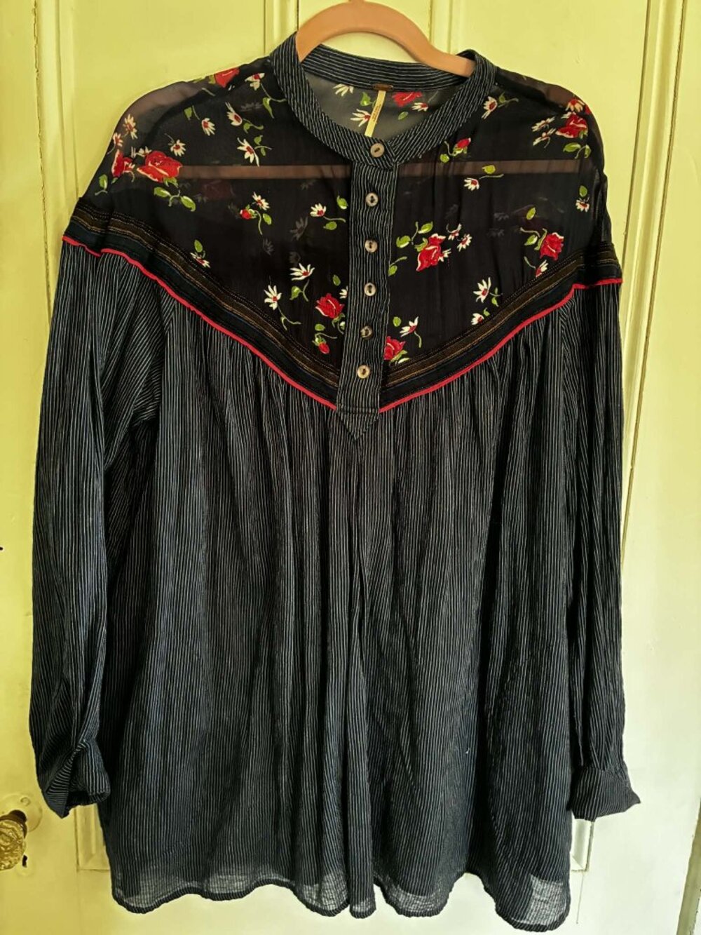 Free People Navy Sheer Tunic Mini Dress – Floral & Stripe – Pink Trim – Boho (Fi